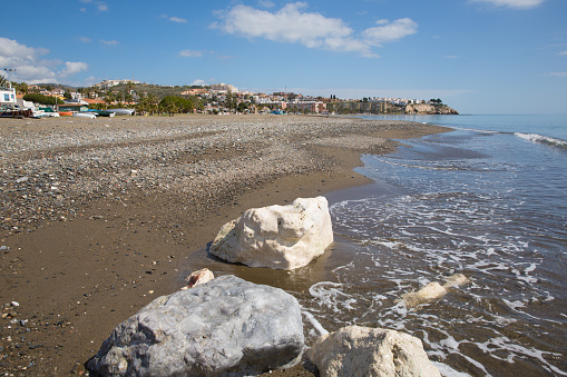 La Cala del Moral beach east of Malaga and near to Rincon de la Victoria on the Costa del Sol Spain with white rocks
