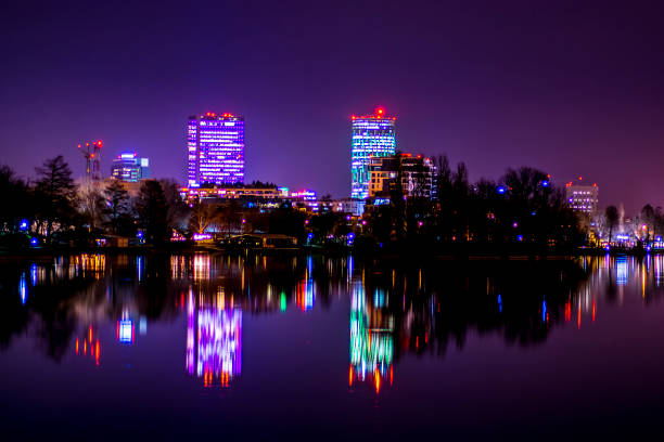Bucharest Skyline, Bucharest city lights, skyscrapers reflecting, city lights at night Bucharest Skyline, Bucharest city lights, skyscrapers reflecting, city lights at night photography bucharest stock pictures, royalty-free photos & images