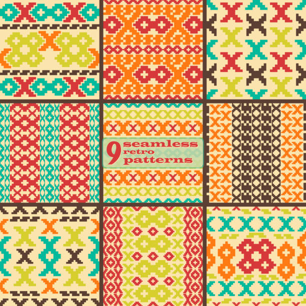 Set of seamless knitted retro patterns Set of 9 seamless knitted retro patterns. Elegant geometric ornaments of stair step elements in folk style. Beautiful graphic prints in vintage colors. Vector illustration for fashion design chunky sweater stock illustrations
