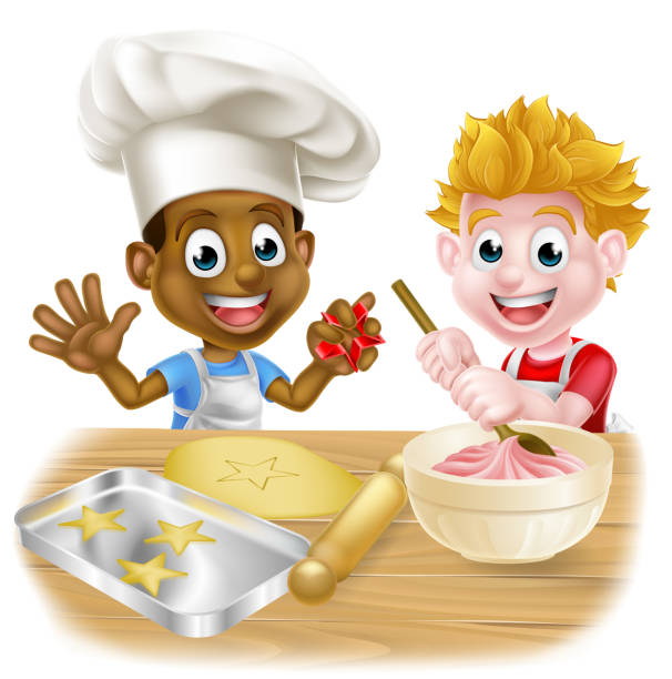 Cartoon Children Making Cakes Cartoon boys, one black one white, dressed as chefs or bakers baking cakes and cookies boys bowl haircut stock illustrations