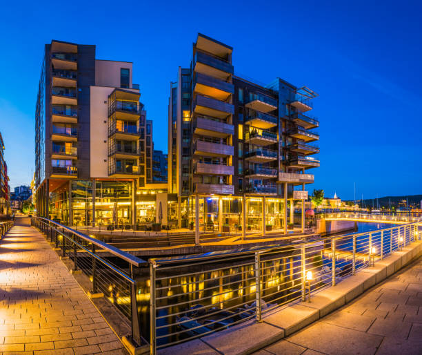 istock Oslo Aker Brygge harbour waterfront apartment buildings at dusk Norway 935308362