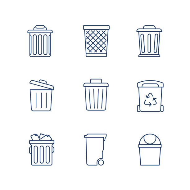 illustrazioni stock, clip art, cartoni animati e icone di tendenza di cestino rifiuti, cestino, set di vettori di icone della linea del cestino. - bidone della spazzatura