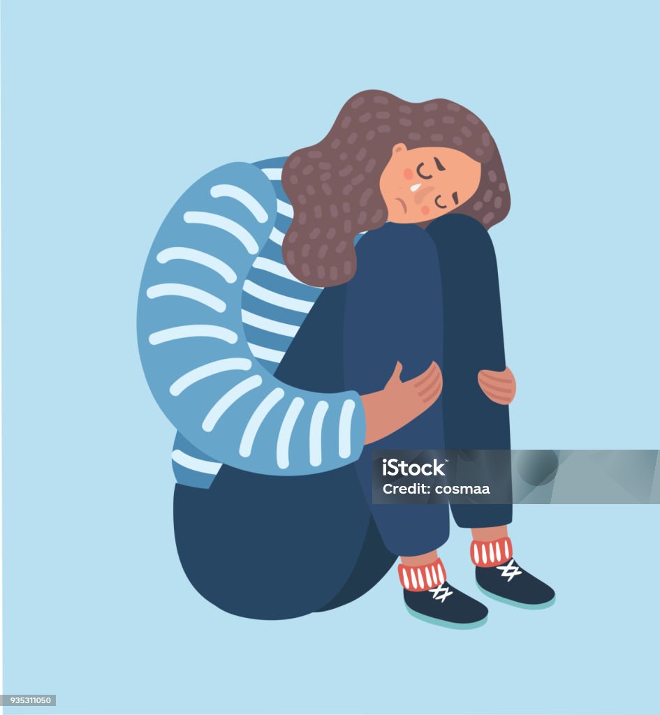 Sad girl sitting and unhappily hugging her knees. Vector catoon illustration of sad girl sitting and unhappily hugging her knees and cry. Woman in depression. Sadness stock vector