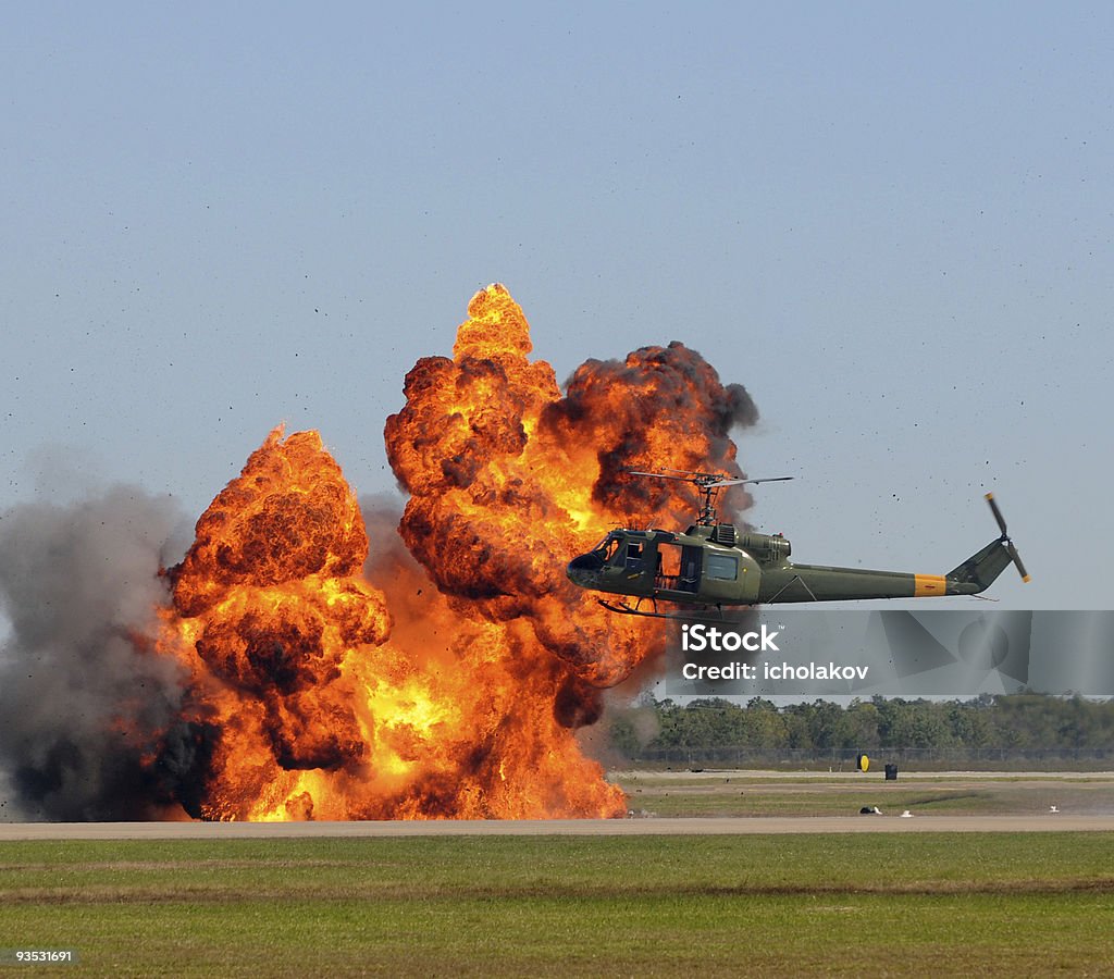 Helicopter near explosion  Fireball Stock Photo
