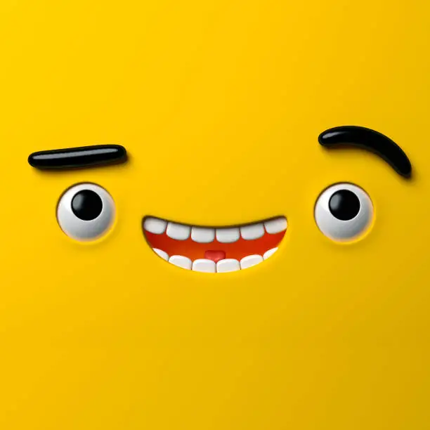 Photo of 3d render, abstract emotional face icon, stupid funny playboy character, cute cartoon monster, illustration, emoji, emoticon, toy