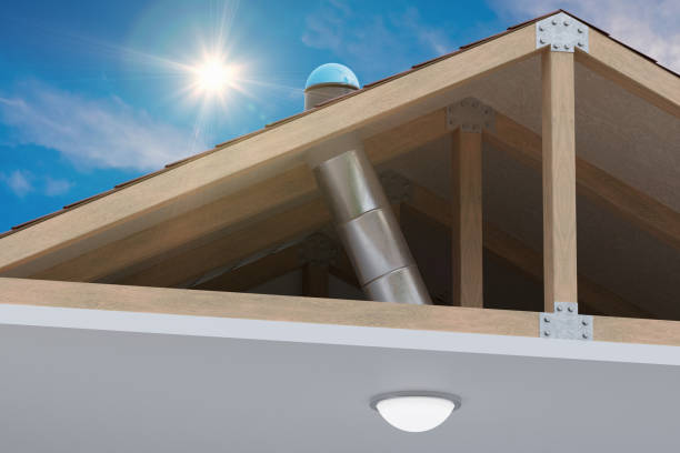 Sunlite light tube system for transporting natural daylight from roof into room. 3D rendered illustration. stock photo