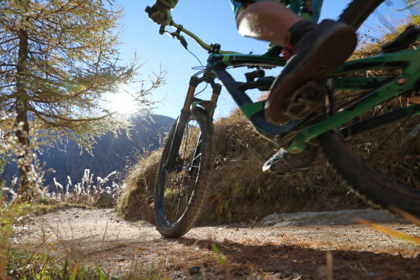 istock Low angle view of biker cornering on trail in sunlight 935317890