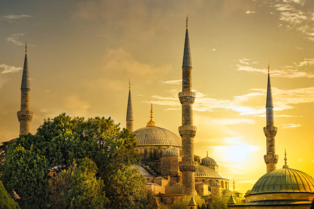 Detail of the Sultanahmet Mosque (Blue Mosque) at sunset stock photo