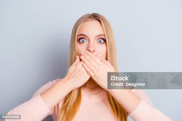 Discuss Palm Privacy Chatter Communication Person Lifestyle Message Concept Close Up Portrait Of Charming Cute Innocent Amazed Wondered Manager Covering Mouth With Hands Isolated On Gray Background Stock Photo - Download Image Now