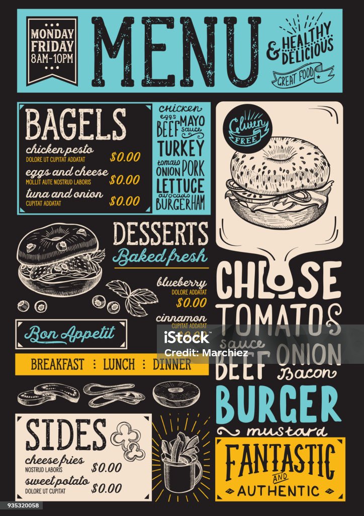 Bagel menu restaurant, food template. Bagels restaurant menu. Vector sandwich food flyer for bar and cafe. Design template with vintage hand-drawn illustrations. Menu stock vector