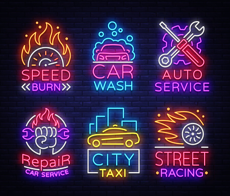 Collection neon signs Transport. Neon  emblems, Taxi service, Car wash, auto service, car repair, street racing. Design template, light banner, nightly neon advertising. Vector