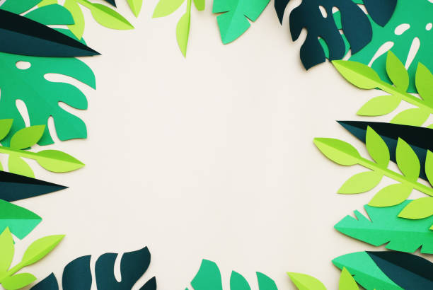 Summer Tropical Paper Cut leaves, Frame. Exotic summertime. Space for text. Beautiful dark green jungle floral background. Monstera, palm.
