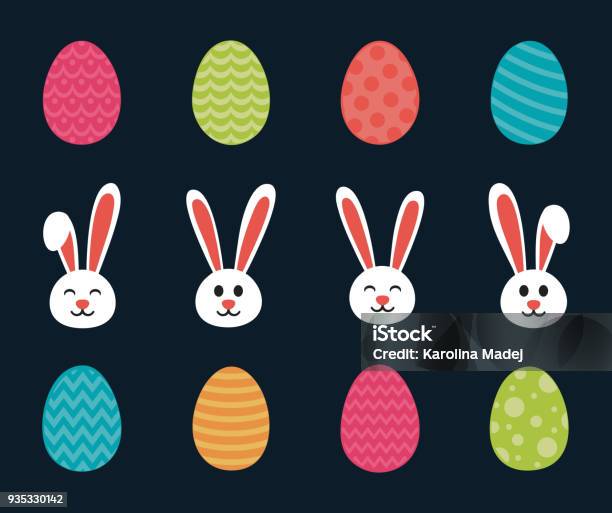 Set Of Bunny And Egg Icons Easter Symbols Vector Stock Illustration - Download Image Now