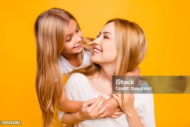 Blond Joy Enjoy Holiday Laughter Joke Two People Concept Close Up Portrait Of Charming Cute Sweet Lovely Adorable Beautiful Carefree Playful With Toothy Smile Mom Mum Mummy Kid Isolated On Background Stock Photo - Download Image Now