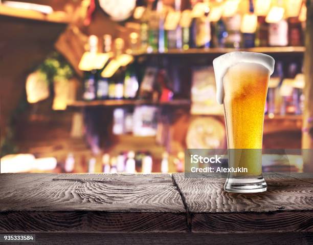 Glass Of Light Beer On Wooden Board Stock Photo - Download Image Now - Bar Counter, Drinking, Abuse