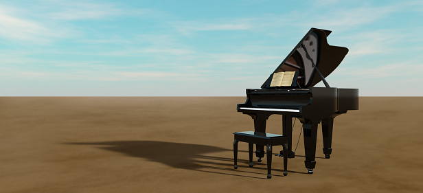 Surreal style image of grand piano in the desert.