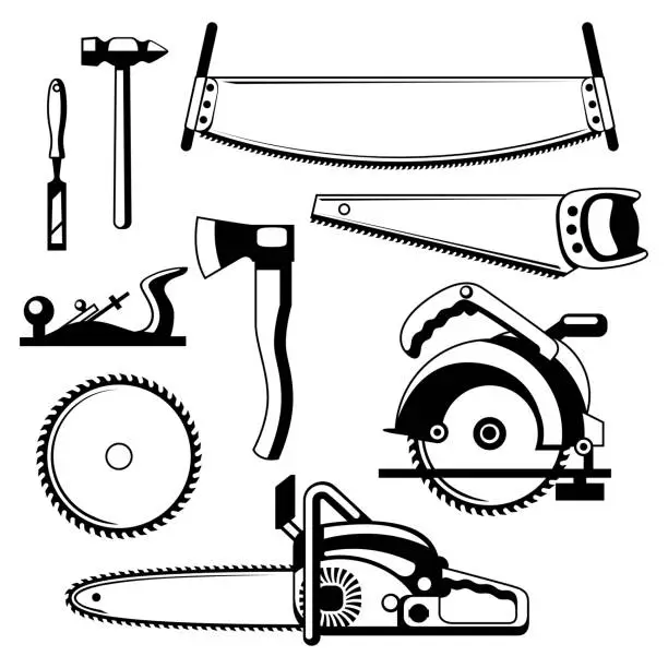 Vector illustration of Set of equipment and tools for forestry and lumber industry