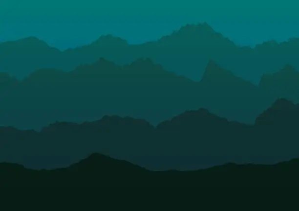 Vector illustration of Vector landscape with blue misty silhouettes of mountains