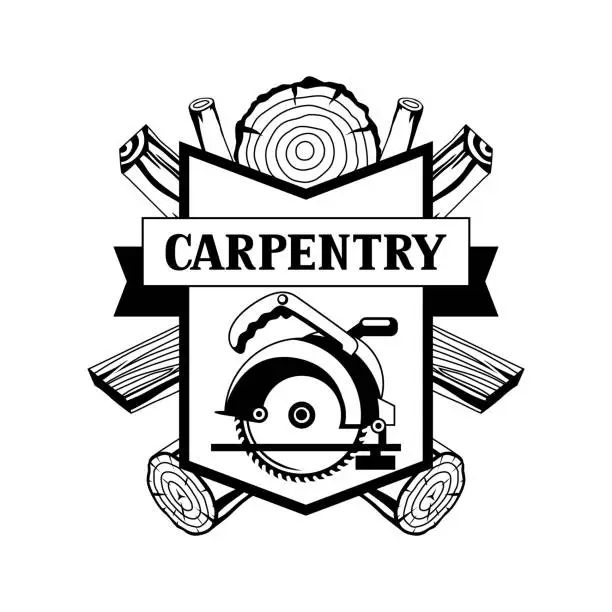 Vector illustration of Carpentry label with wood logs and saw. Emblem for forestry and lumber industry