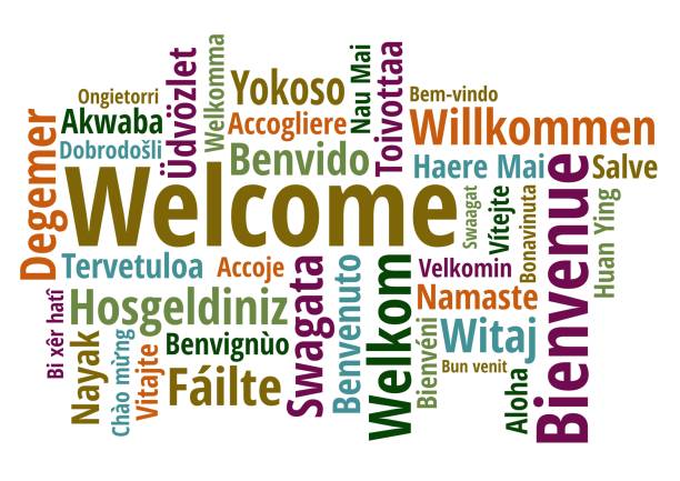 добро пожаловать в различных языках wordcloud на белом фоне - greeting stock illustrations