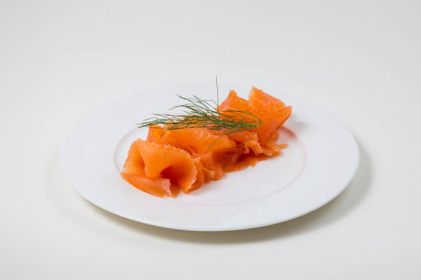 istock Slices of folded Salmon on a white plate on a white background 935342794