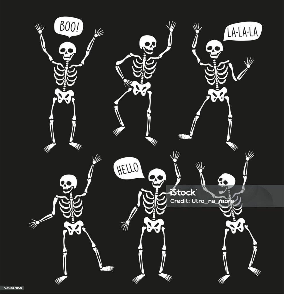Funny skeletons in different poses with speech bubbles. Vector elements for halloween design. Human Skeleton stock vector