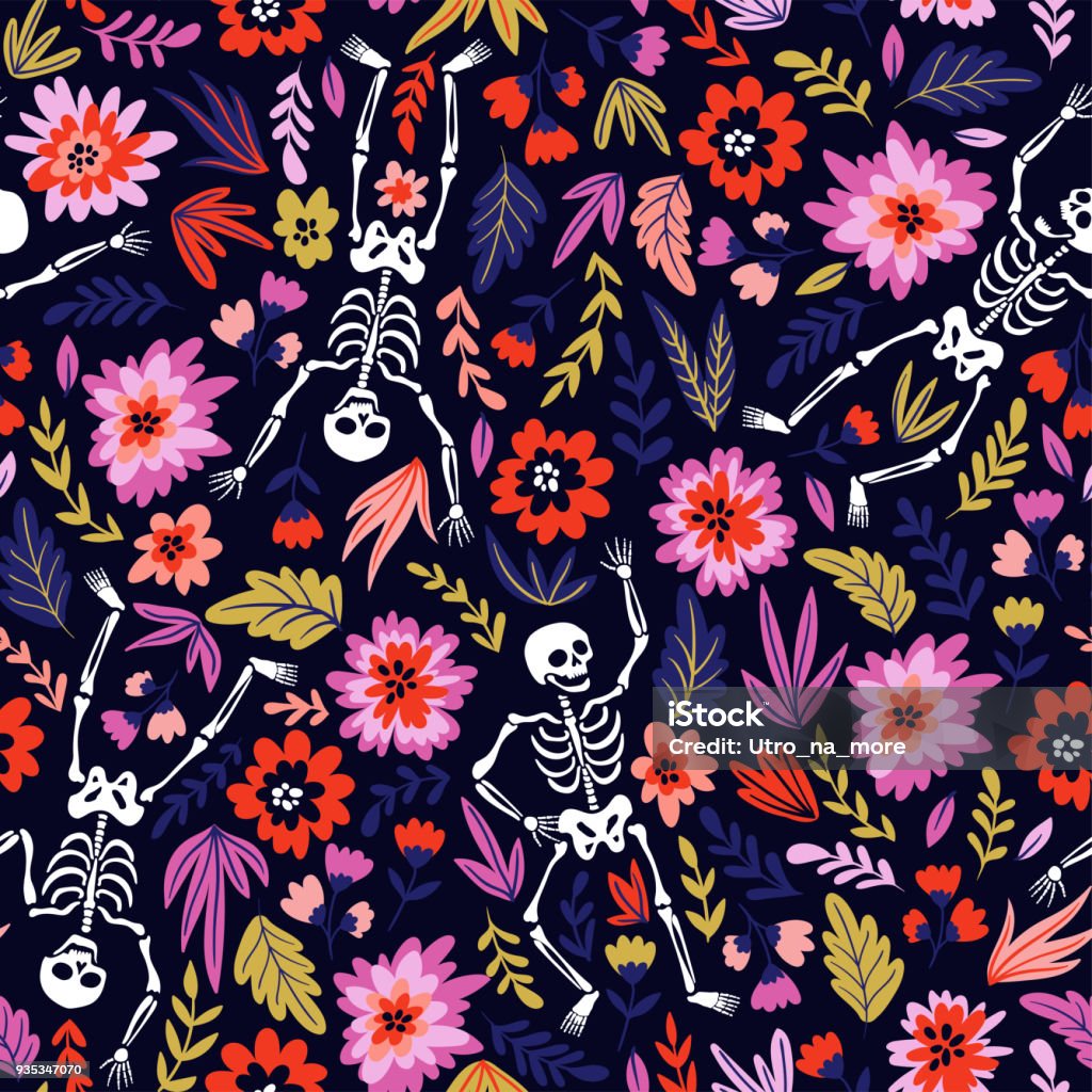 Scheletri danzanti nel giardino floreale. Illustrazione vettoriale per il giorno dei morti o Halloween. Design divertente del tessuto. - arte vettoriale royalty-free di Giorno dei Morti