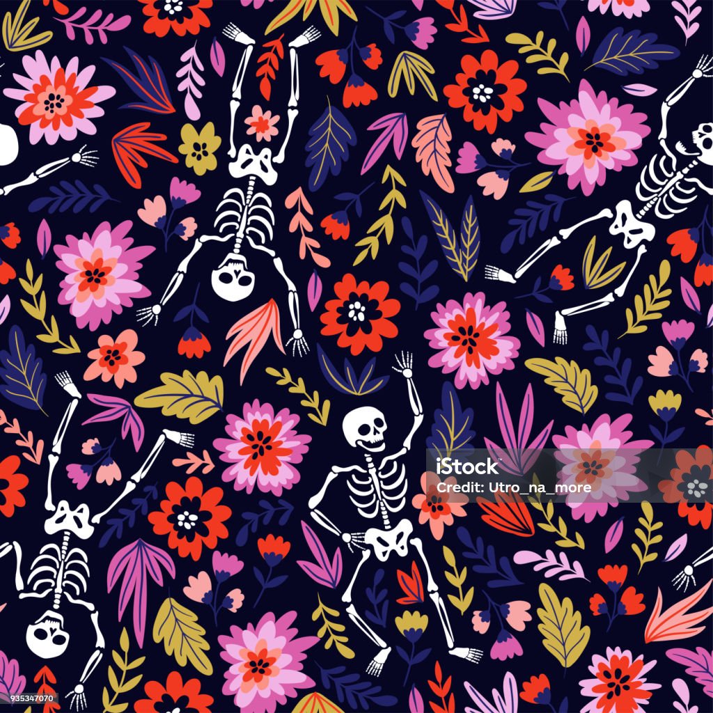 Dancing skeletons in the floral garden. Vector holiday illustration for Day of the dead or Halloween. Funny fabric design. Day Of The Dead stock vector