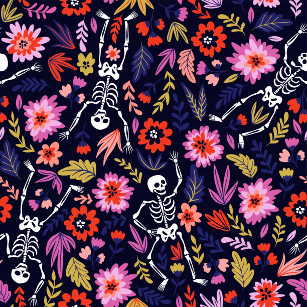 Dancing skeletons in the floral garden. Vector holiday illustration for Day of the dead or Halloween. Funny fabric design. Dancing skeletons in the floral garden. Vector holiday illustration for Day of the dead or Halloween. Funny fabric design. skull patterns stock illustrations