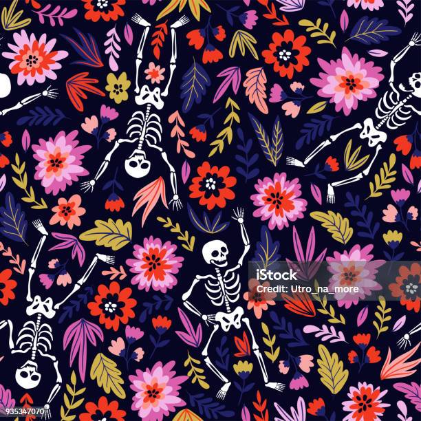 Dancing Skeletons In The Floral Garden Vector Holiday Illustration For Day Of The Dead Or Halloween Funny Fabric Design Stock Illustration - Download Image Now