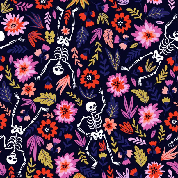 Vector illustration of Dancing skeletons in the floral garden. Vector holiday illustration for Day of the dead or Halloween. Funny fabric design.