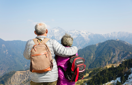rear view of senior couple watching the mountains