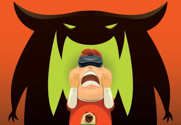 Vector illustration of kid with VR goggles watching monster