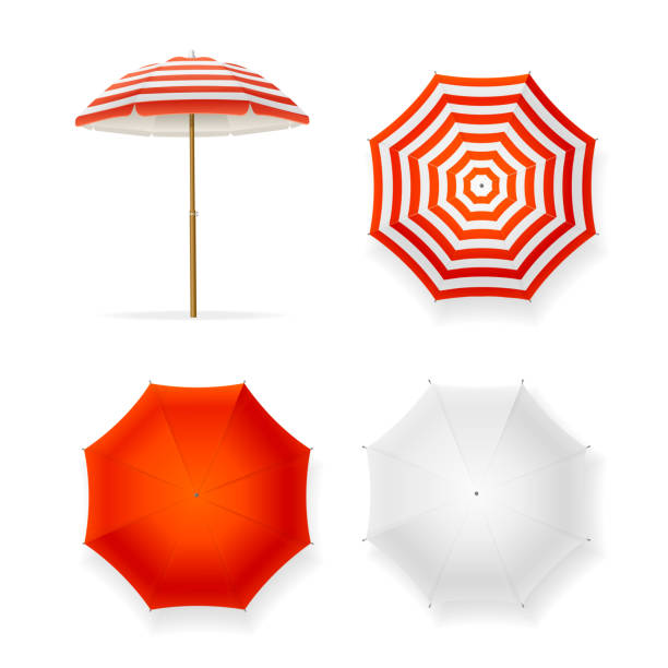 Realistic Detailed 3d Sun Umbrella Set. Vector Realistic Detailed 3d Color and Template Blank White Sun Umbrella Set on Side or Top View. Vector illustration sunshade stock illustrations