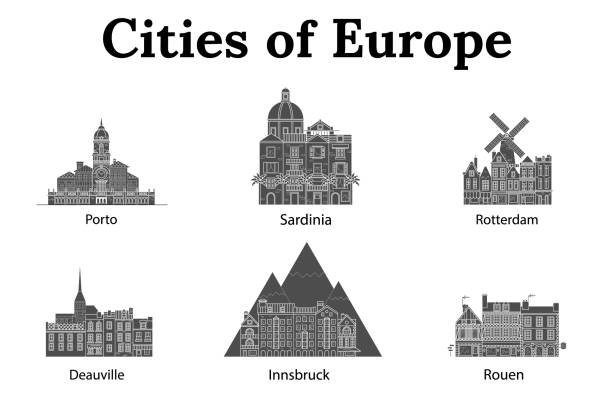 ヨーロッパ、インスブルック、サルデーニャ、ロッテルダム、ドーヴィル、ルーアン、ポルトの街。ヨーロッパの住宅。さまざまなサイズと構造。ヨーロッパ フラット ベクトル線の古い家 - silhouette tirol innsbruck austria点のイラスト素材／クリップアート素材／マンガ素材／アイコン素材