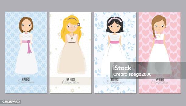 Communion Cards Girls Stock Illustration - Download Image Now - Communion, Girls, Flower
