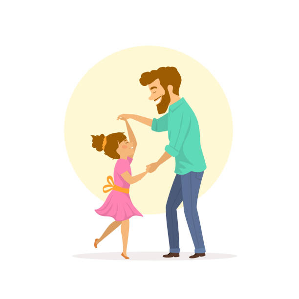 illustrazioni stock, clip art, cartoni animati e icone di tendenza di felice sorridente padre e figlia ballare - figlia femmina