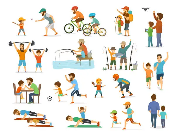 Vector illustration of active family father and son collection, man and boy playing american  football, soccer ball, flying drone, riding bike fishing exercising