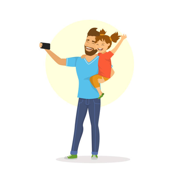 ilustrações de stock, clip art, desenhos animados e ícones de father and daughter taking selfie cute cartoon vector illustration - father and daughter