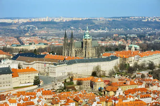 beautiful view of Prague Castle and St.Vitus cathedral from Petrin hill