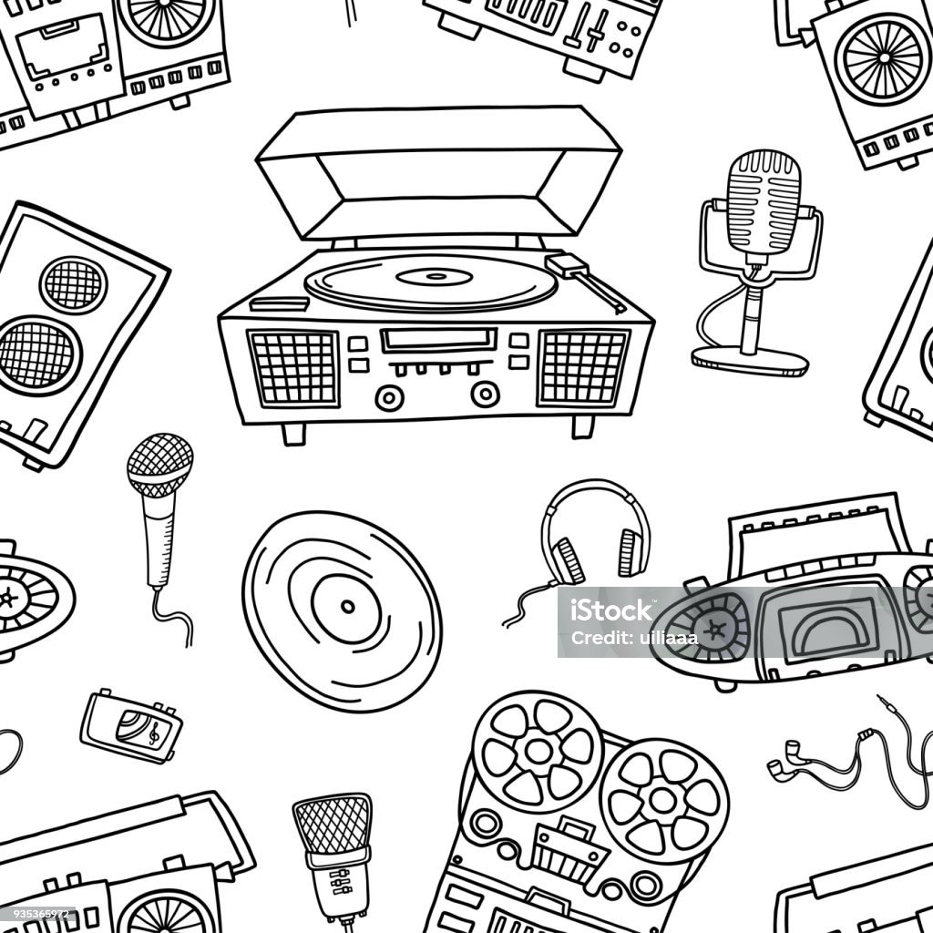 Decorative graphic musical seamless pattern, monochrome endless background Decorative graphic musical seamless pattern, monochrome endless pattern with tape recorders, microphones, headphones for wallpaper, pattern fills, web page background, textiles. Microphone stock vector
