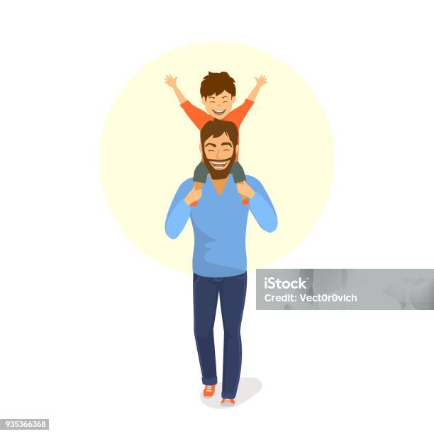 Happy Father And Son Walking Together Boy Is Sitting On Dads Back Shoulders Stock Illustration - Download Image Now