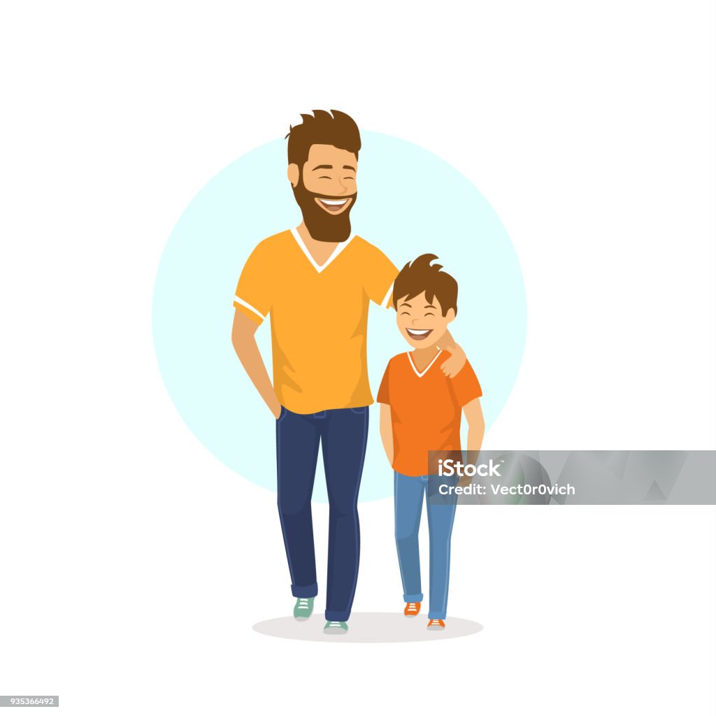 cheerful smiling laughing father and son walking together, talking Father stock vector