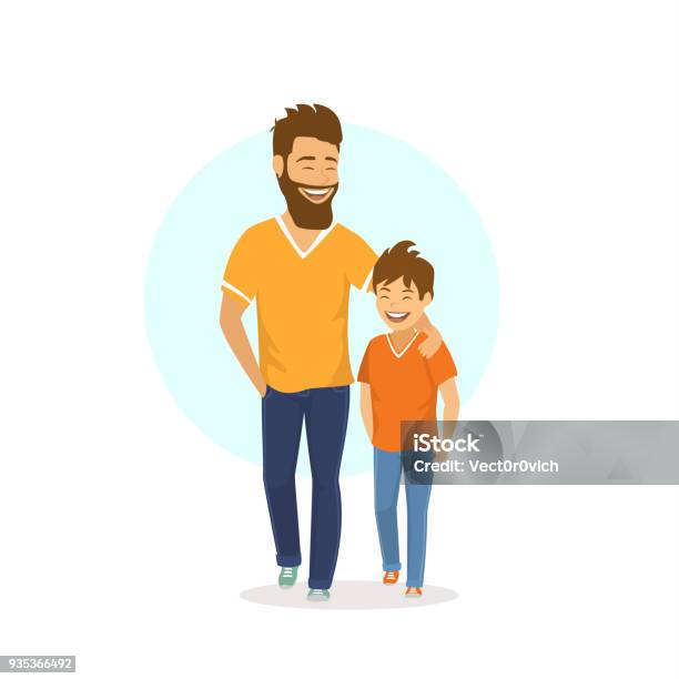Cheerful Smiling Laughing Father And Son Walking Together Talking Stock Illustration - Download Image Now