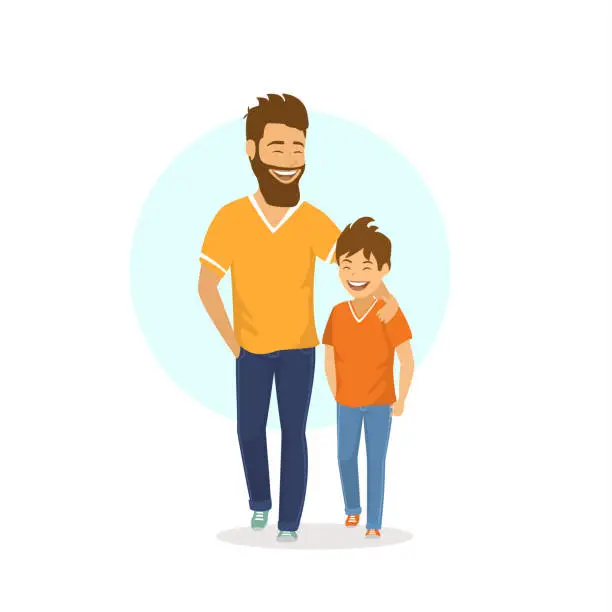 Vector illustration of cheerful smiling laughing father and son walking together, talking