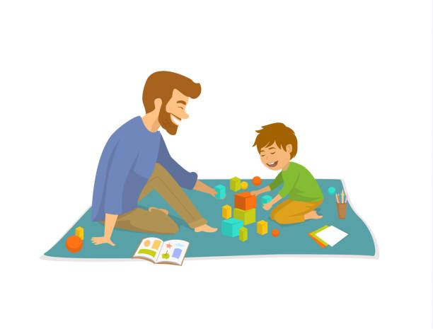 ilustrações, clipart, desenhos animados e ícones de homem e menino, baralho de pai e filho no chão em casa desenvolvendo jogos - stay at home dad