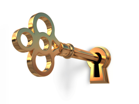 Golden Key message concept: 3D rendered realistic retro type lock opener with motivational future text. Single object over white background with copy space. Natural lightening and dropped shadow.