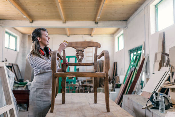 master carpenter at work - carpenter restoring furniture wood imagens e fotografias de stock