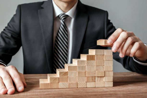 istock Businessman hand arranging stacking wooden blocks development as step stair. Business growth success process, plan and strategy in business. 935395442