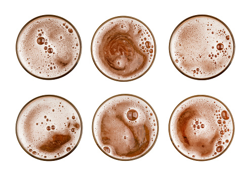 Collection set of beer in glass or mug and froth bubble foam on above top view isolated on white background food and drink object design